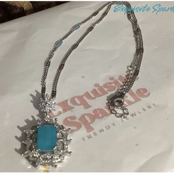 Lab Created  Paraiba Tourmaline &Zircon vintage inspired silver Pendant necklace - Picture 5 of 16